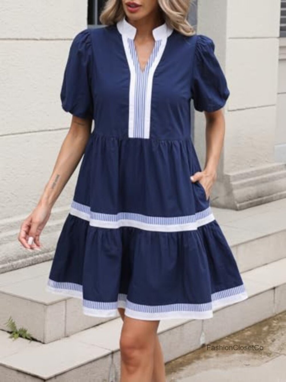 Puff Sleeve Babydoll Dress V Neck Striped Tiered Mini Dress - Picture 6 of 7